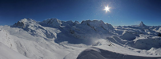 View from Hohtälli 
 Monte Rosa on the left and the Matterhorn on the far right